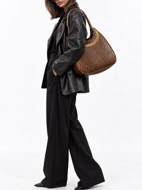 Vintage VEARI Genuine Ostrich Leather Handbag Brown Tan Shoulder Bag